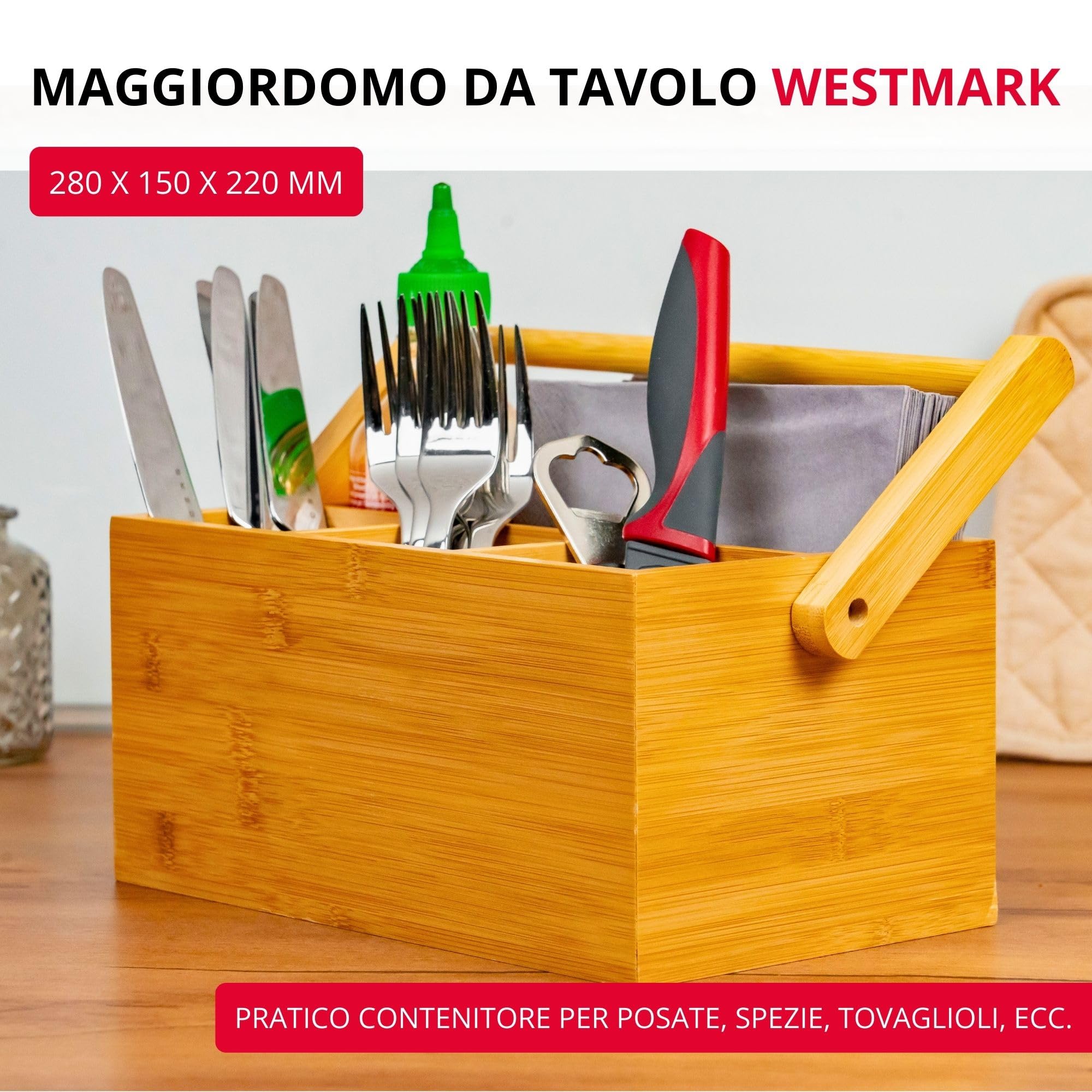 Westmark Cestino portaoggetti da cucina, 4 scomparti, Con maniglia, Dimensioni: 28 x 15 x 22 cm, Bambù, Tapas + Friends, Marrone chiaro, 69802270