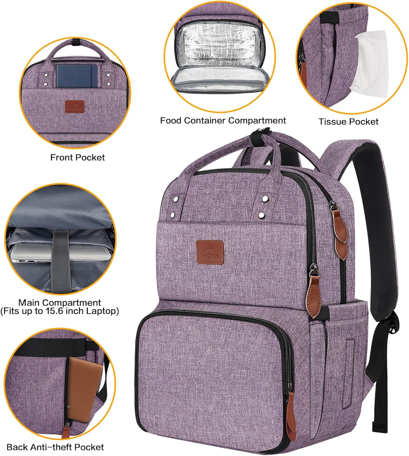 MATEIN Laptop Backpack with Lunch Box, Insulated Women Backpacks with Cooler Compartment, Fits 15.6 inch Laptop Water Resistent Tote Food Bag for College Beach Camping Picnics Hiking