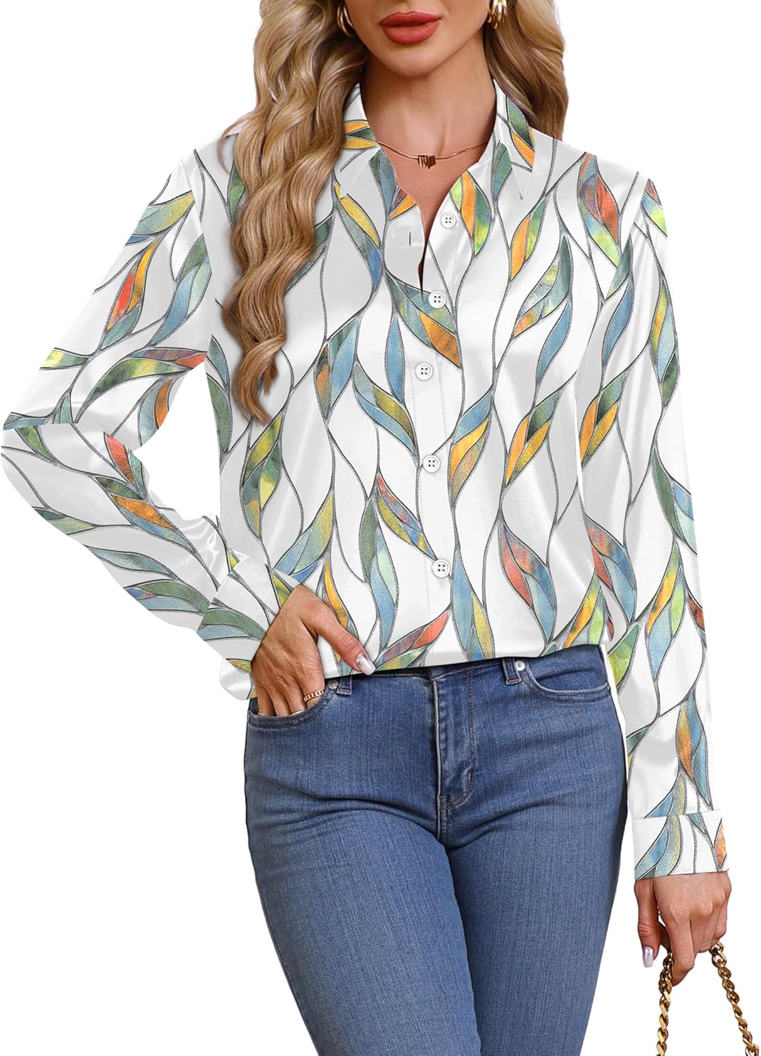 OFEEFAN Womens Button Down Shirts Long Sleeve Tops Silk Satin Blouses Business Casual Fashion Outfit - Image 3