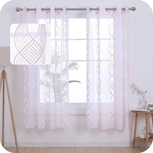 Amazon Brand - Umi Linen Effect Sheer Curtains Super Soft Eyelets Net Curtains Plain Embroidered Voile Curtains for Bedroom 55 x 54 Inch Pink Two Panels