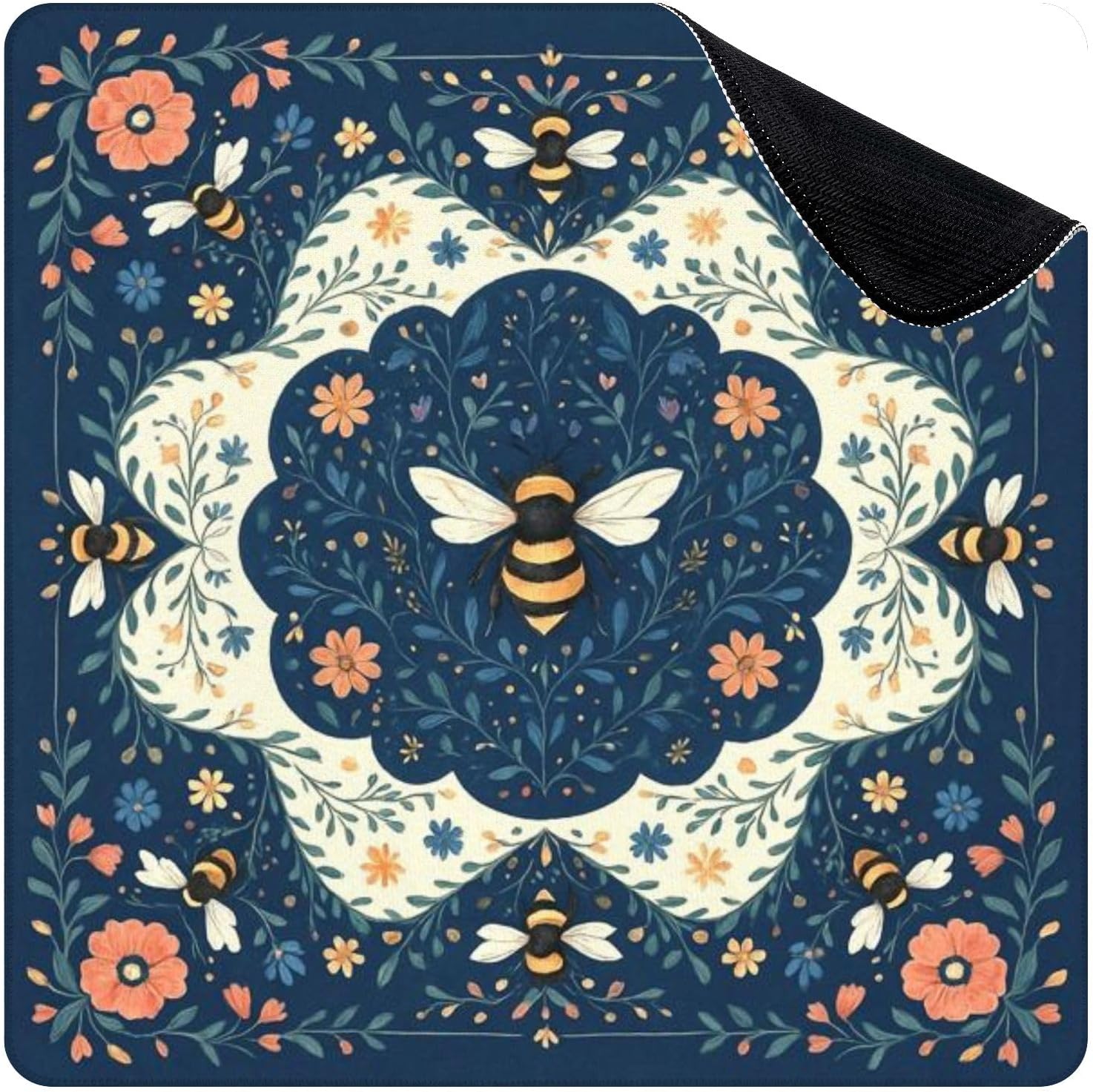 Mahjong Mat for Table Floral Bee Vintage Botanical Style Navy Blue Orange 31.5" x 31.5" Non-Slip Noise-Reducing Game Mat Premium Mahjong Accessories for Poker Dominoes Board Games