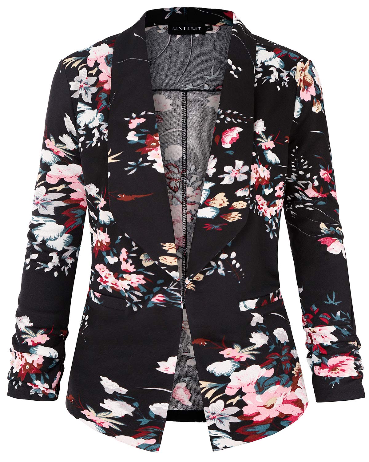 Mintlimit Women's Floral Pink Work Jacket 3/4 Ruched Sleeve Open Front Casual Office Blazer (,Size M)
