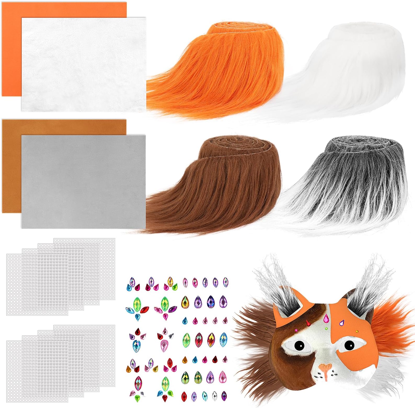 Dreamtop Therian Mask DIY Kit - Faux Fur Fabric Self Adhesive Felt Sheet with Furs Eye Meshes Gem Sticker