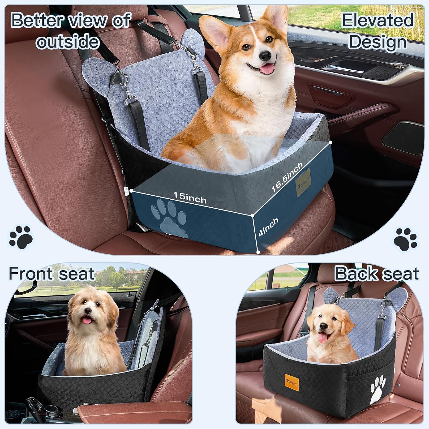 Dog car Seats for Small/Medium Dogs up to 33lbs- Washable, Waterproof, Dog Booster & car Seats with 2 Easy-Install Safety Belts, Non-Slip Base & Storage Pocket(Grey Black).