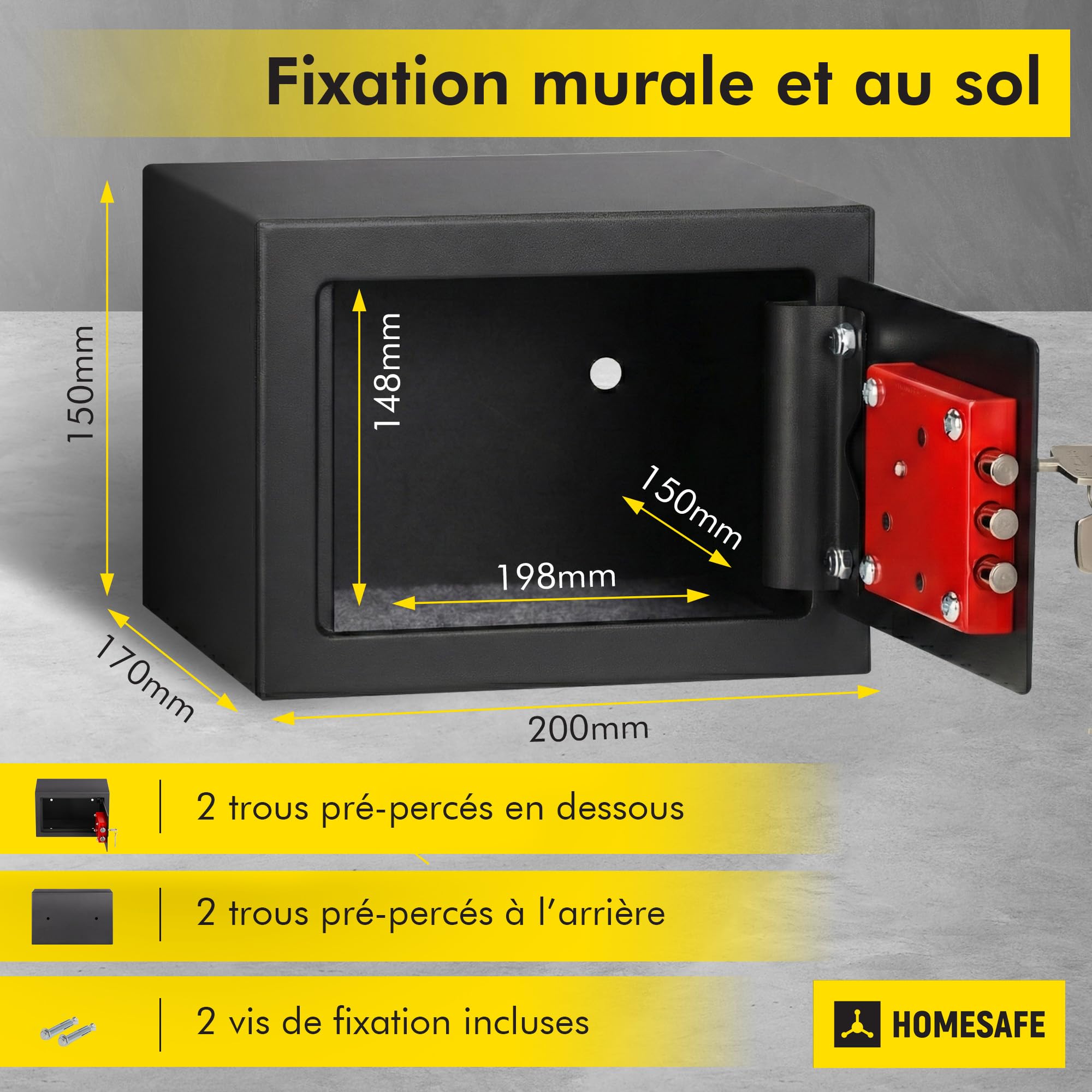 HomeSafe HV15K Coffre-Fort à Clé, 15x20x17cm (HxLxP), Coffre Argent Billet, Bijoux, Pour la Sécurité à Domicile, Boîte de Rangement Sécurisée, Petit Coffre pour Économies et Objets de Valeur