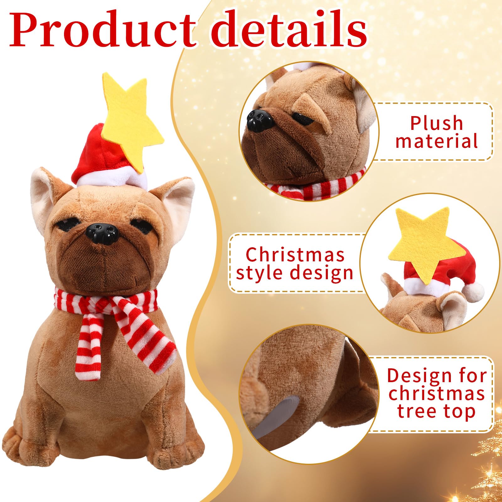 Shappy Dog Christmas Tree Topper - Plush Decoration With Santa Hat and Star - Stuffed Ornament for Home Winter Holiday Xmas Party Decor