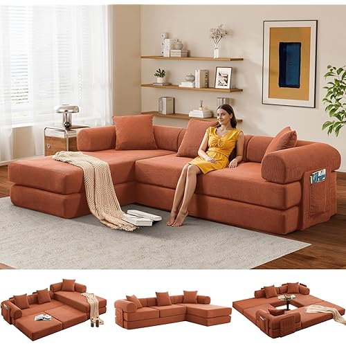 L Shaped Modular Sofa Bed with Cylindrical Pillow & Reversible Chaise, Corduroy Folding Floor Convertible Sofa Couch Bed with Fixed-Shape Frame & Storage Pocket for Living Room, Orange