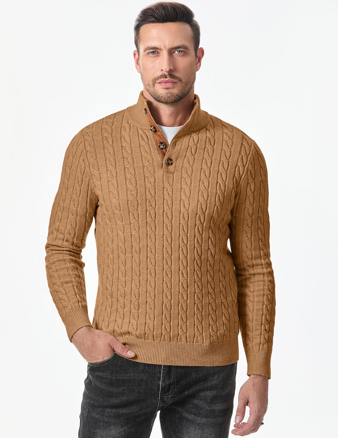 JMIERR Men's Cable Knit Pullover Sweater Casual Long Sleeve Stand Collar Button Knitted Sweaters - Image 8