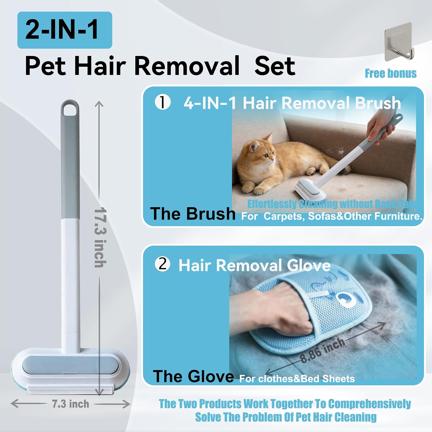 Magic pet Hair Remover Set for Dogs & Cats, Includes 4-in-1 Extended Handle Hair Brush, Hair Glove & Free Metal Storage Hook, Works Great on couches, Carpets, Furniture, car Seats and Hard Surfaces.