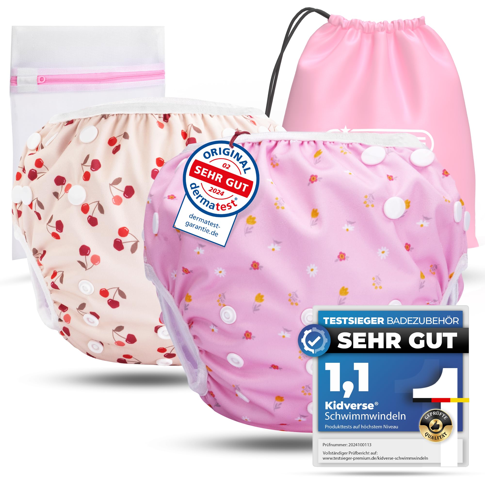 KIDVERSE 2er Set Schwimmwindel Baby 0-3 Jahre - Hautfreundliche Schwimmwindeln wiederverwendbar & saugstark - Baby Schwimmwindel mit Tasche & Wäschenetz (Kirschen & Raosa Blumen 2er)
