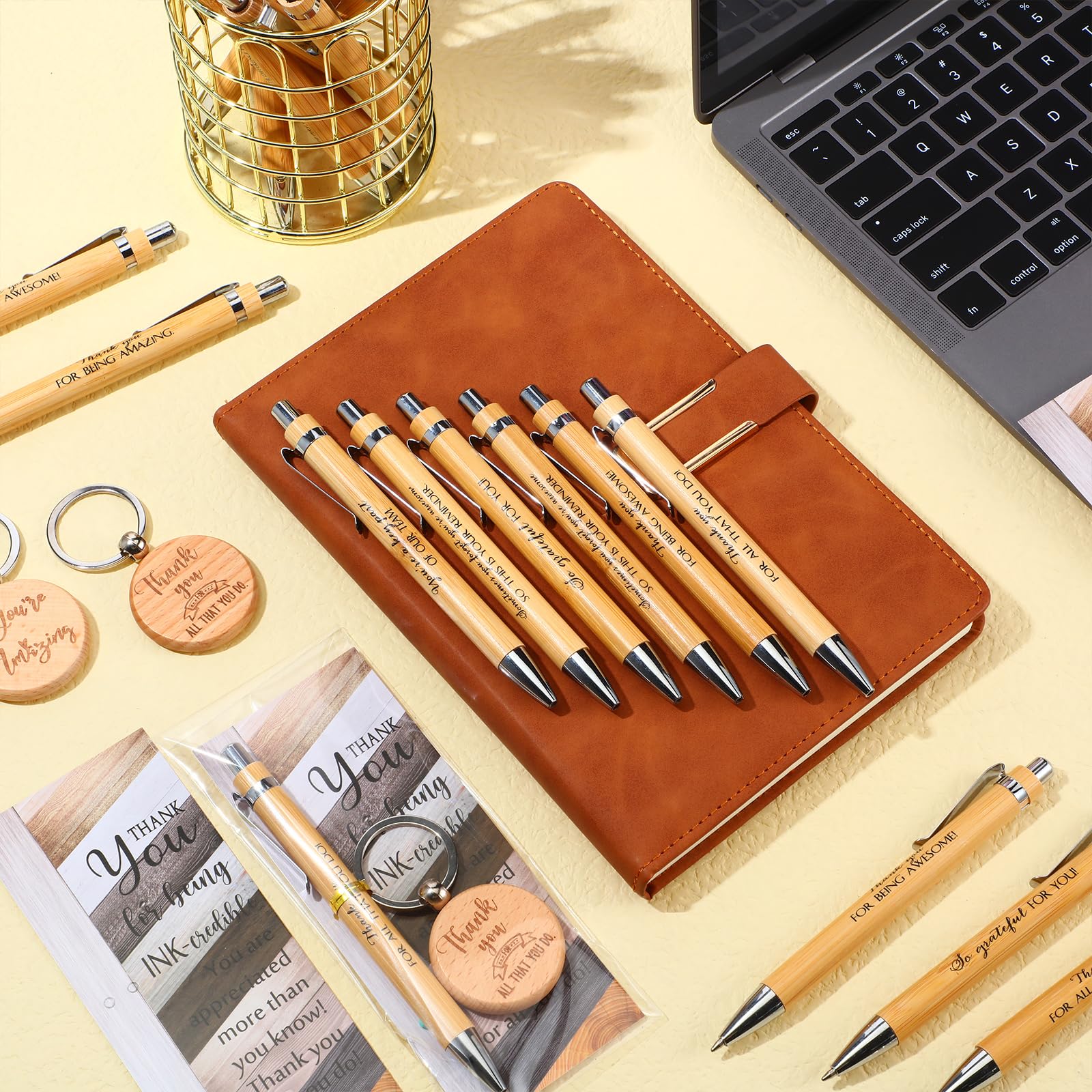 20 Set Employee Appreciation Gift Kit - Bamboo Pens, Inspirational Keychains & Bookmark Cards In OPP Bags