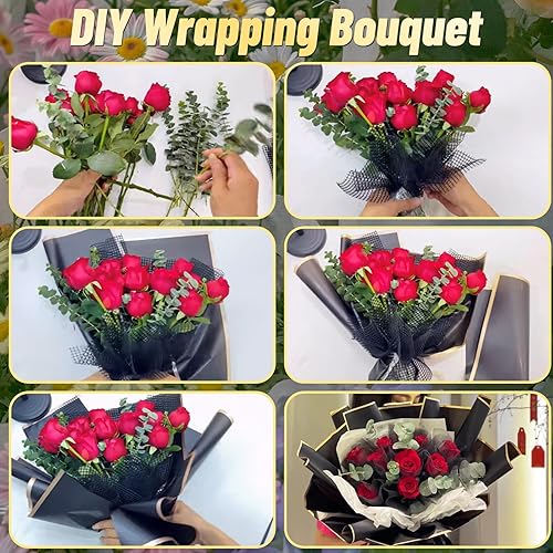 Miniatura 6 de 50 piezas de papel de regalo de flores verdes con borde dorado, papel de regalo coreano impermeable con 1 rollo de cinta y tarjetas de regalo, papel