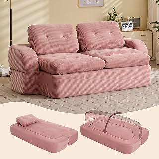 Sofa Bed Couch Convertible Sofa Bed Foldable Boneless Couch No Assembly Love Seat Mattress Sleeper for Living Room Bedroom Apartment Pink