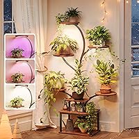 PRAISUN 51 Inch 8-Tier Plant Stand with Full-Spectrum Grow Lights, Curved Design Indoor Shelf for Living Room Corners, Rustic Brown