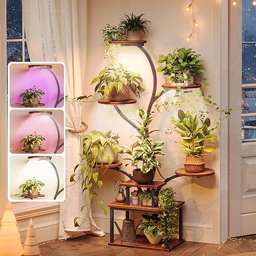 PRAISUN Soporte para plantas de 51 pulgadas con luces de crecimiento, estante de plantas de interior de 8 niveles con soporte para flores más