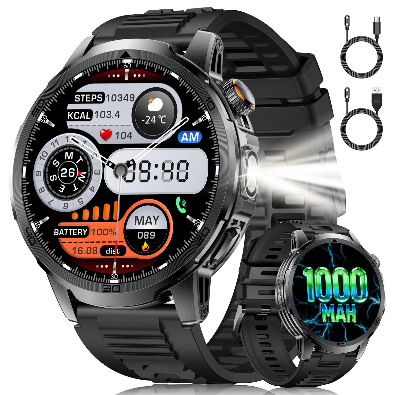 Reloj Inteligente Hombre, Pantalla Grande de 1,85"/Llamada Bluetooth/1000mAh/Torcha LED, Smartwatch Hombre con Frecuencia Cardíaca/Sueño/IP68/110+ Modos Deportivos Android iOS, Negro-Silicona