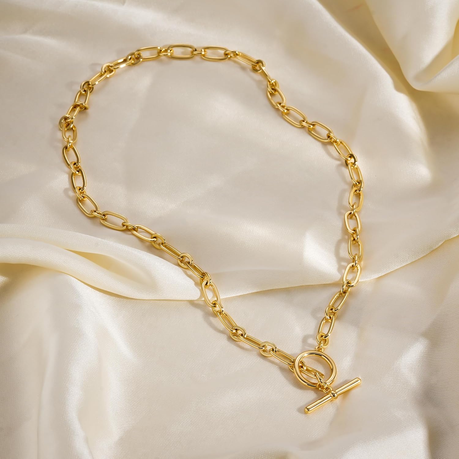 14K Gold Necklace for Women, 14K Gold Plated Chain Necklace Dainty Choker Necklace for Women Trendy Chunky Pendant Necklaces Layering Toggle T-bar Clasp Link Chain Necklace Jewelry - Image 7