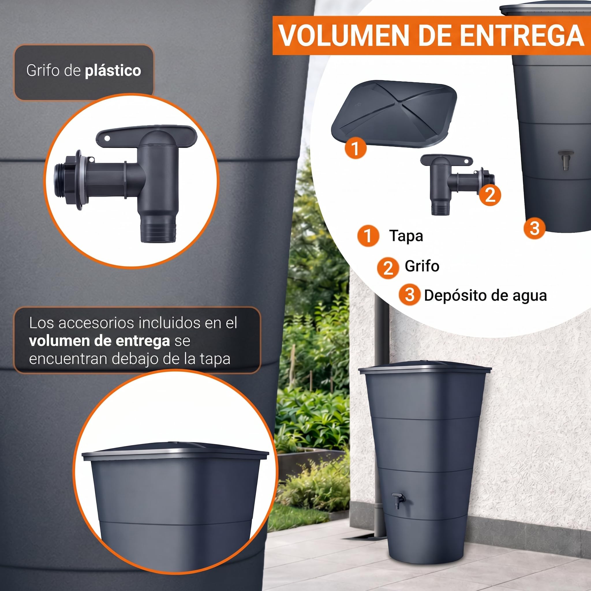 GARANTIA Ibiza depósito de Agua de Lluvia Cuadrado de 200 litros, Gris Grafito, Incluye Tapa y Grifo - diseño Moderno para Pared y Esquina - Estructura Estable de plástico Reciclado y Acabado Mate