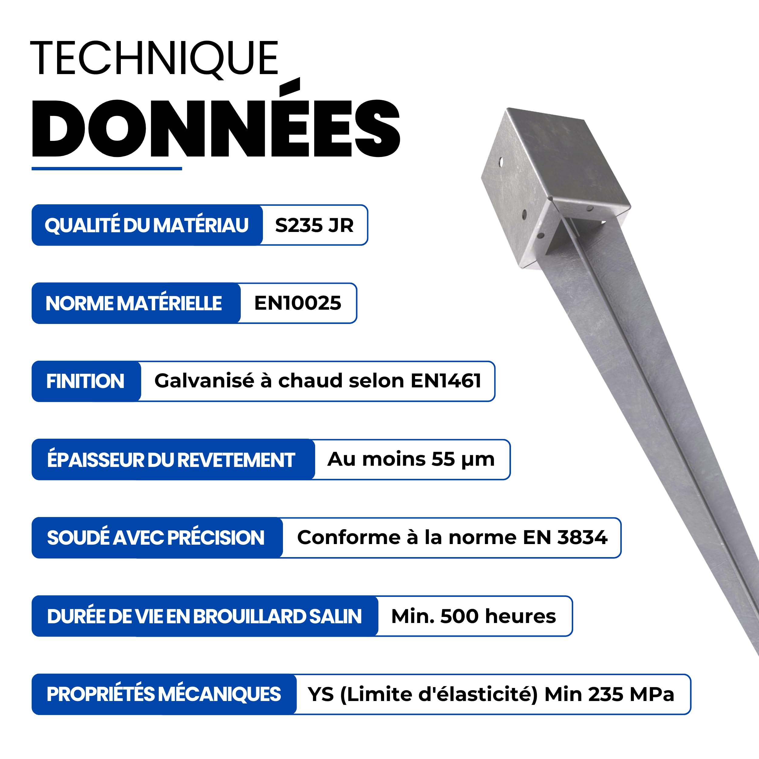 GeZu Impex Ancrage au sol 96 x 96 x 750 mm galvanisé à chaud Lot de 4 douilles de fond d'impact, support de poteau de poteau de poteau de frappe