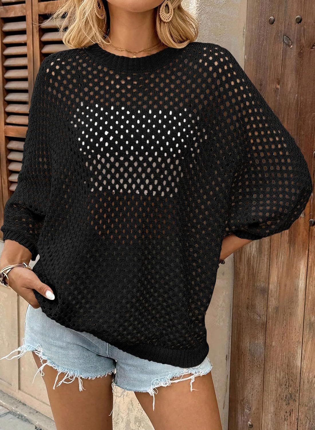 SHEWIN Womens Sweaters Crew Neck 3/4 Length Sleeve Crochet Tops Knit Beach Cover Ups Spring Outfits for Women - Image 3