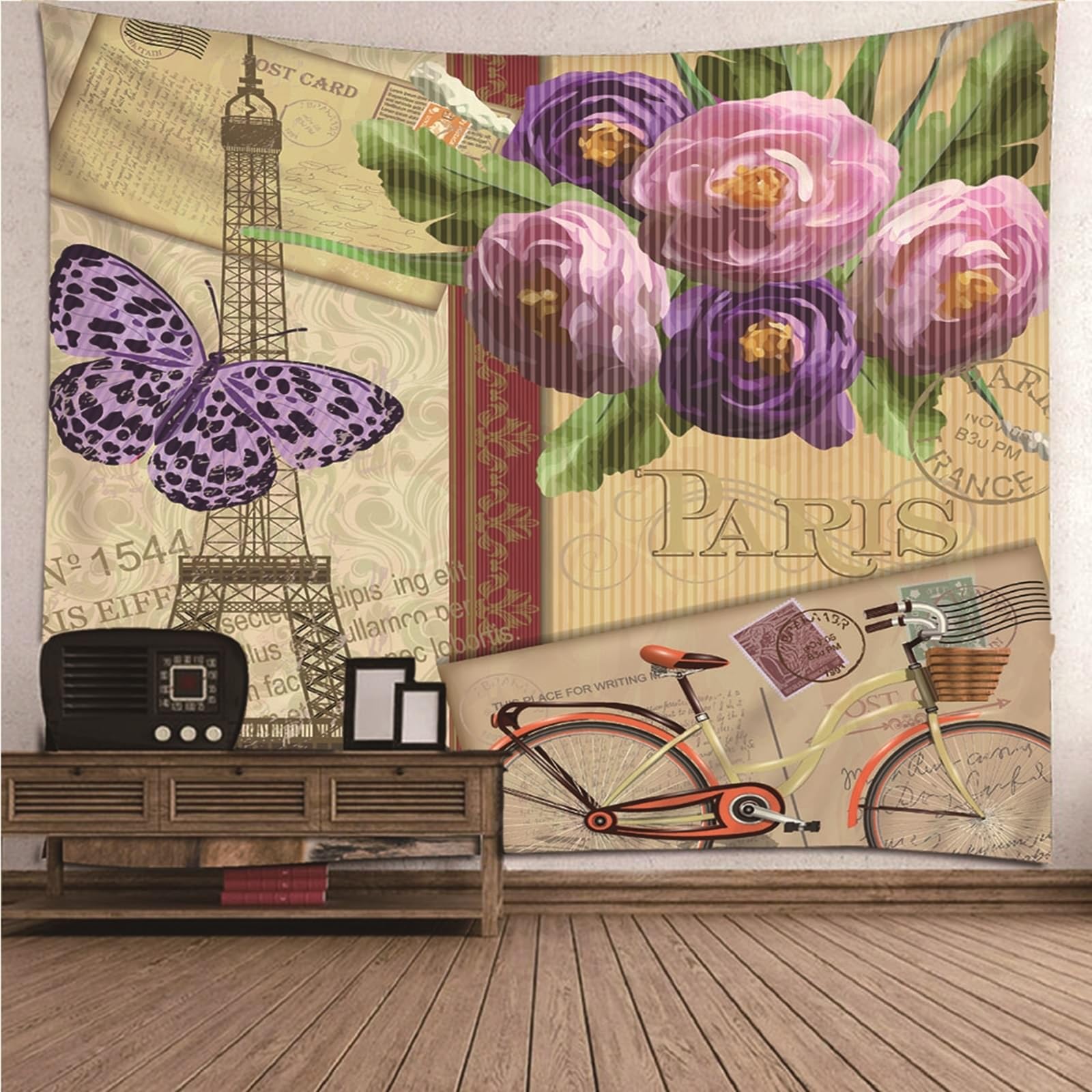 Makata na ścianę w kwiaty, chusta na ścianę, kolorowe kwiaty, motyle, rower, dywan ścienny, dekoracja salonu, 300 x 260 cm