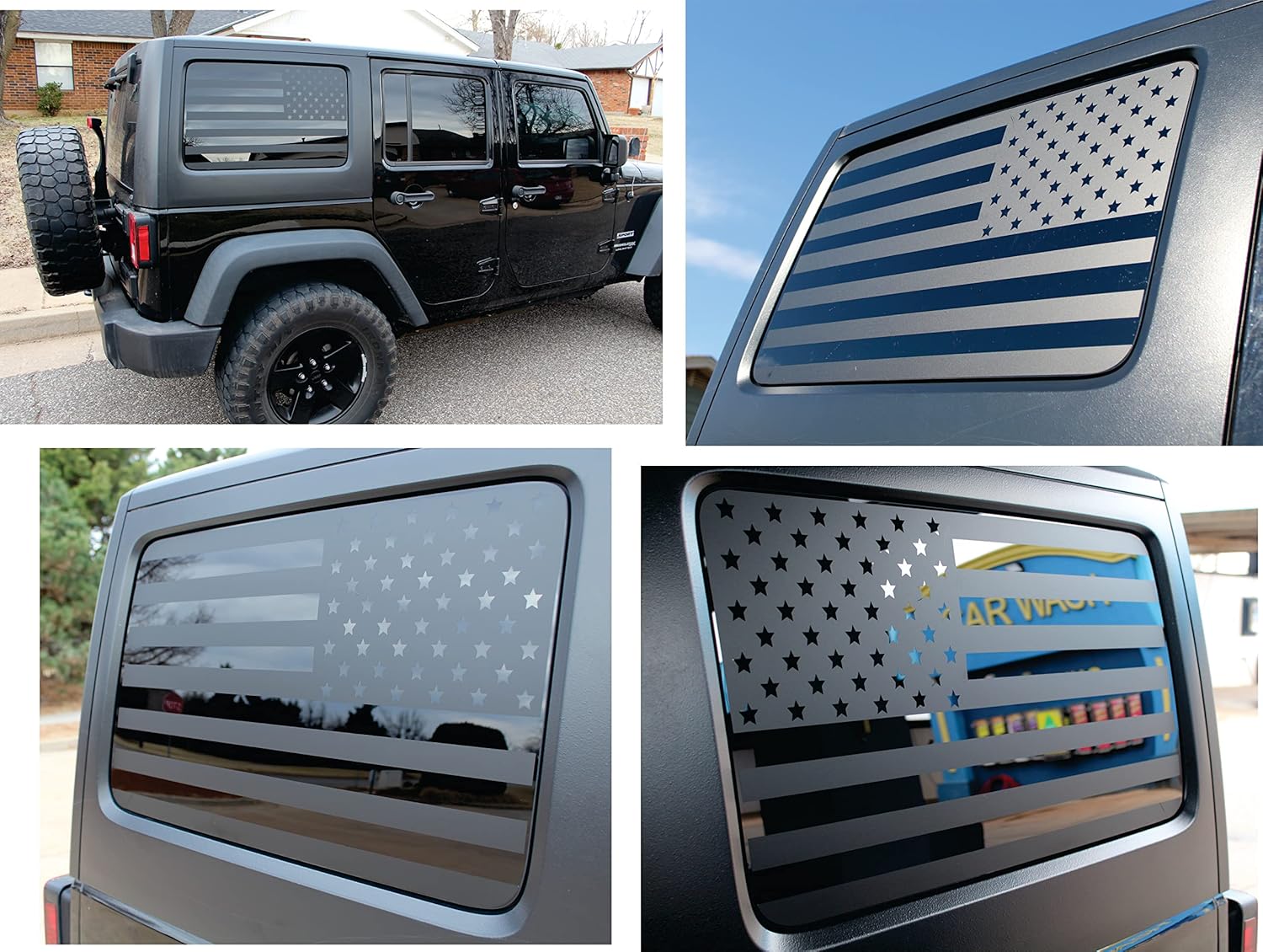 Compatible with Jeep Wrangler JK & JKU (4 Door) 2011 – 2018 | Precut Rear American Flag Window Decals Sticker | Both Side | Proudly Made in The US | Matte Black (Straight)
