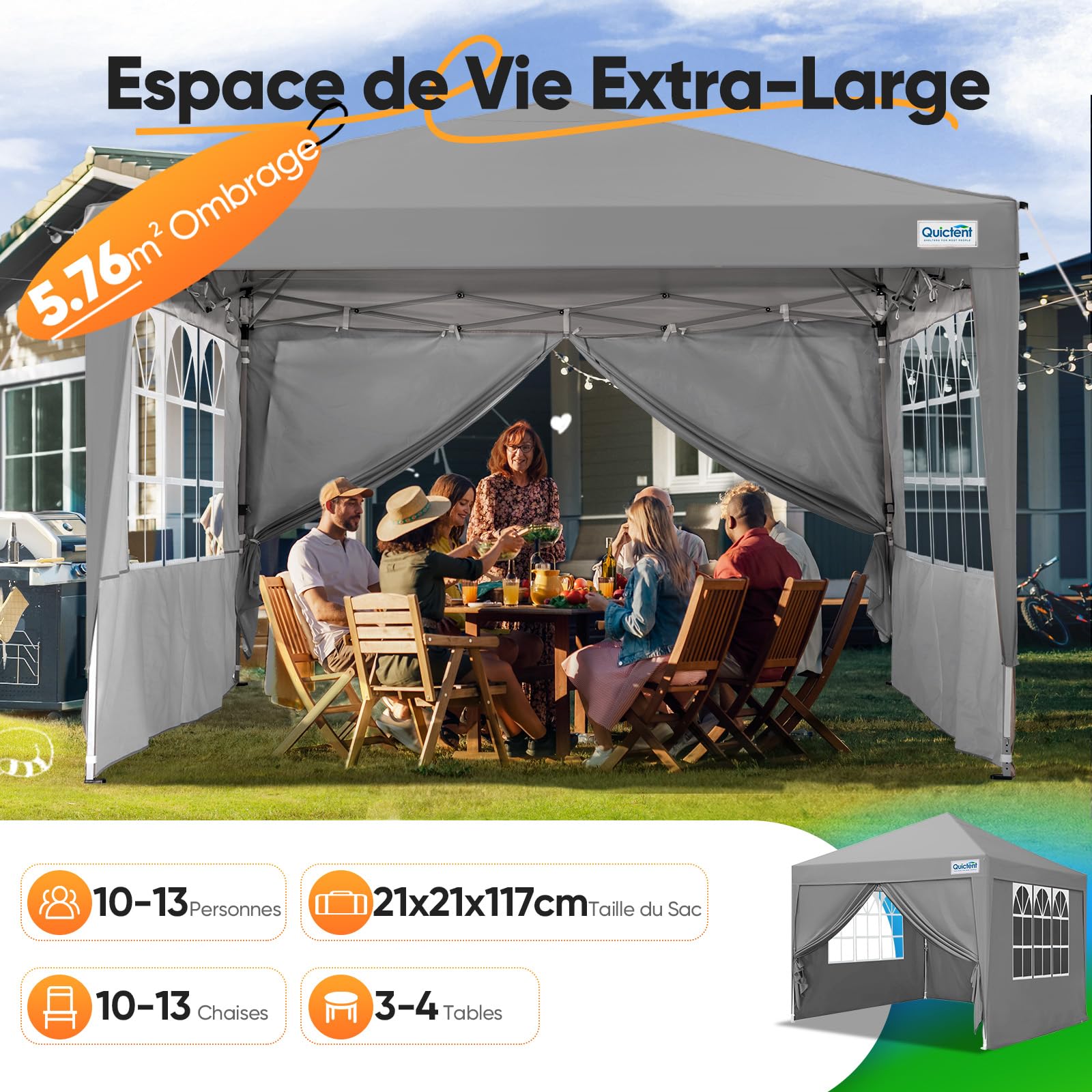 Quictent Tonnelle pliante 2,4 x 2,4 m avec 4 panneaux latéraux, imperméable, tente de réception, tente de jardin pour fêtes et marché aux puces Gris