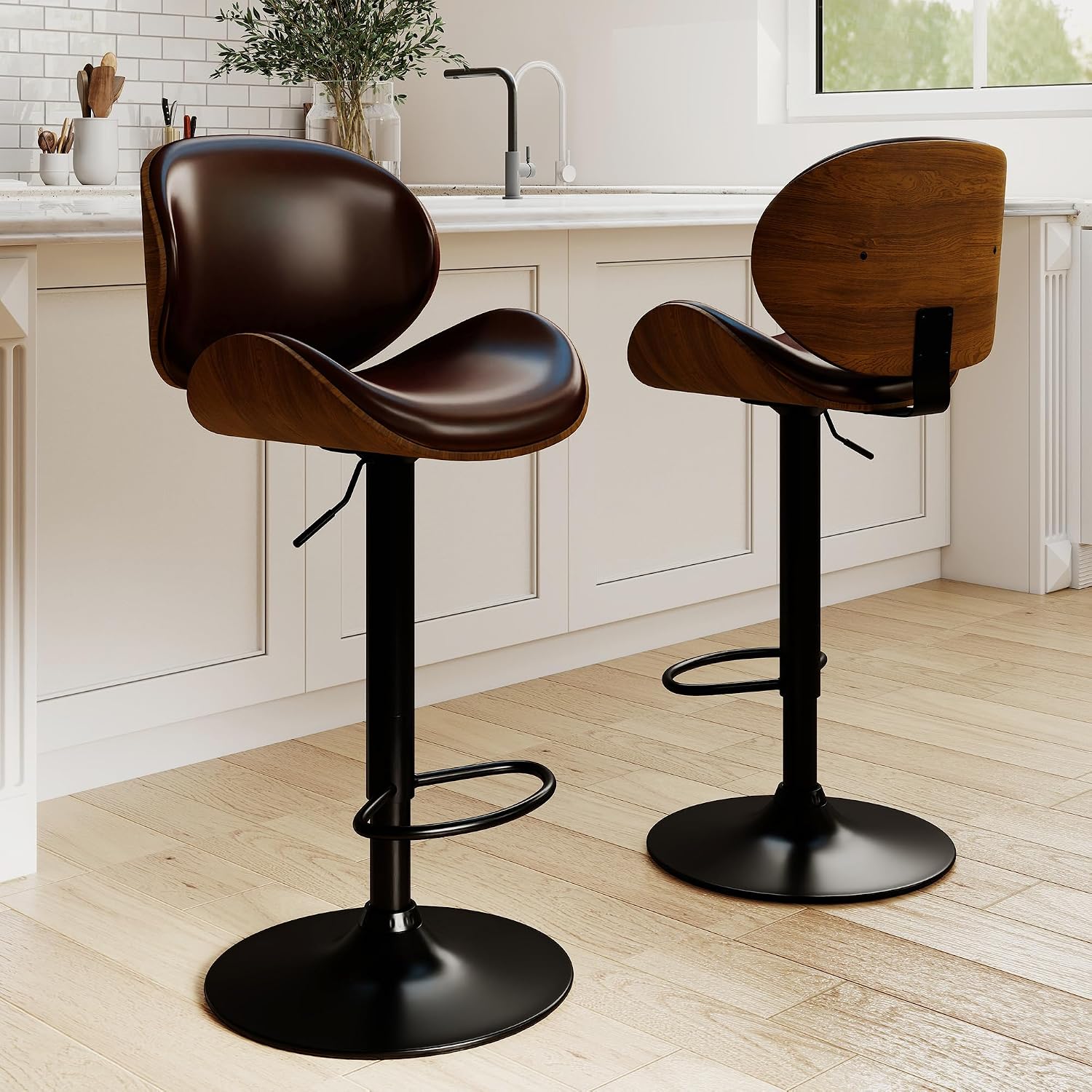 360° Swivel Adjustable Barstools,PU Leather Upholstered Bar Chairs with Footrest,Wood Counter Stools for Kitchen, Bar,Dining Room (Brown, Set of 4)