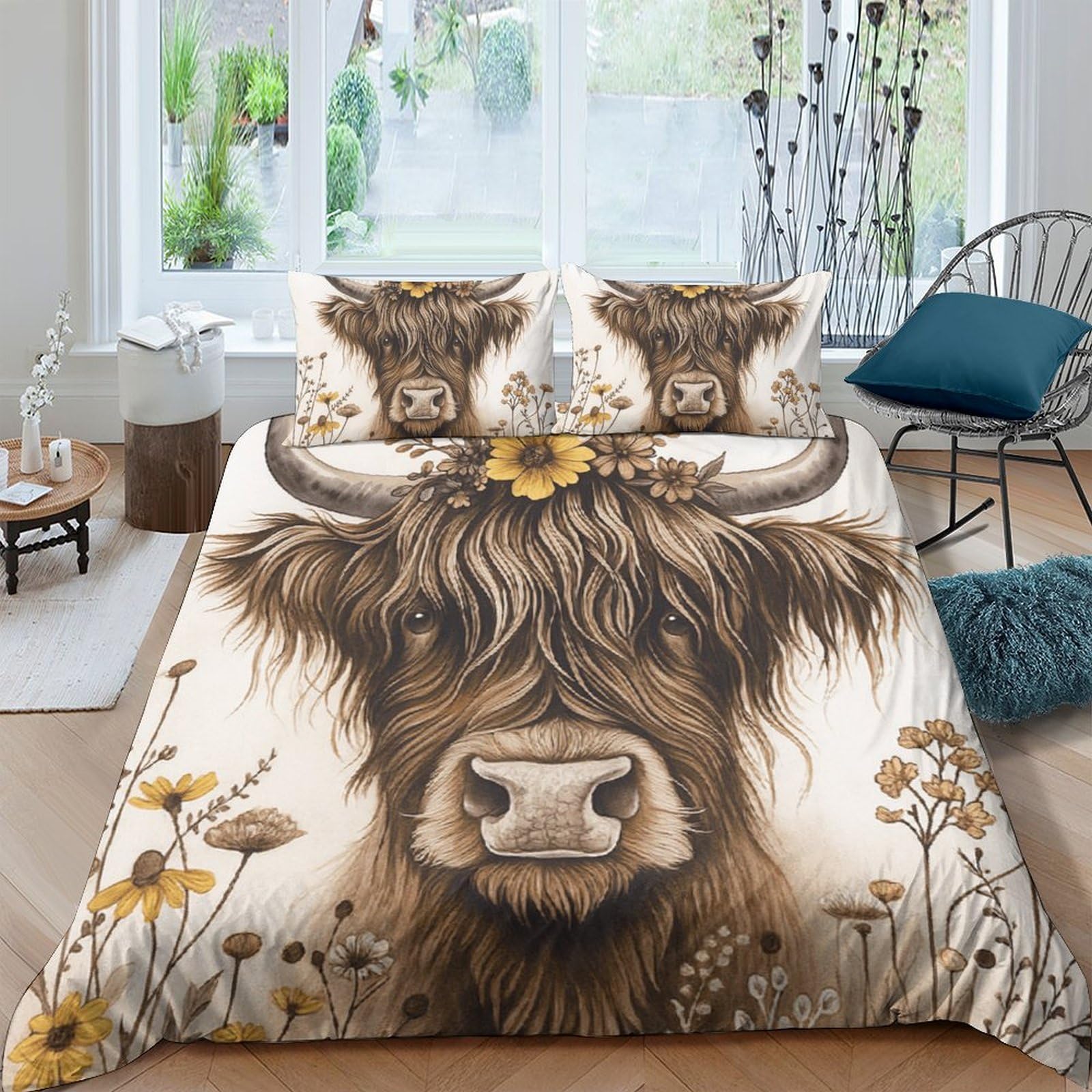 Ctjqhvkz Style-9 3D Printed Highland Cow Fitted Sheet Microfiber Soft Breathable Wildflower Bed Cover For Bedroom Guest Room Decor Single（135X200cm）