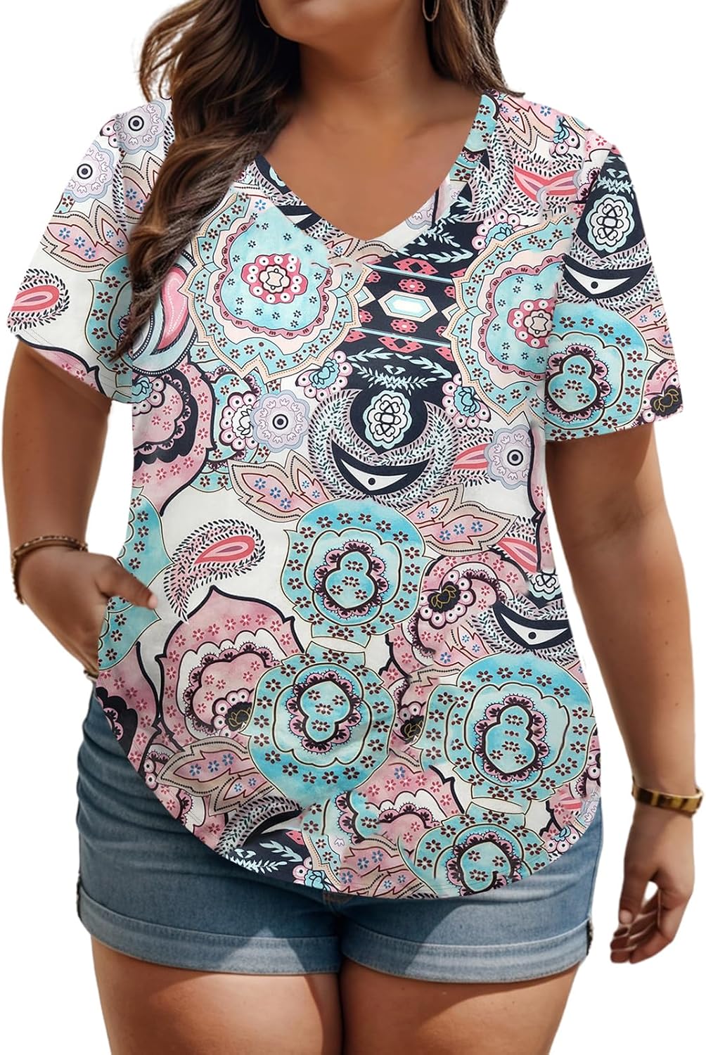 ROSRISS Plus Size Tops for Women Casual Summer T Shirts V Neck Short Sleeve Tunics