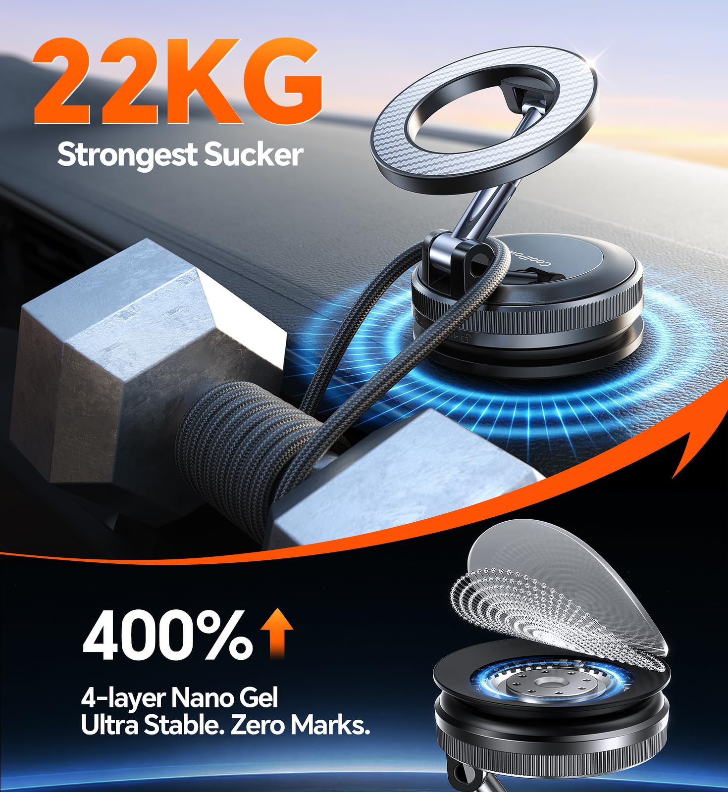 Coolpow for Magsafe Car Mount Vacuum Magnetic Phone Holder for Cars【Greater Stability】 Car Phone Holder for Car Accessories for Women Men Dash Mounting Frames for iPhone 17 16 15 14 & Samsung — view 2