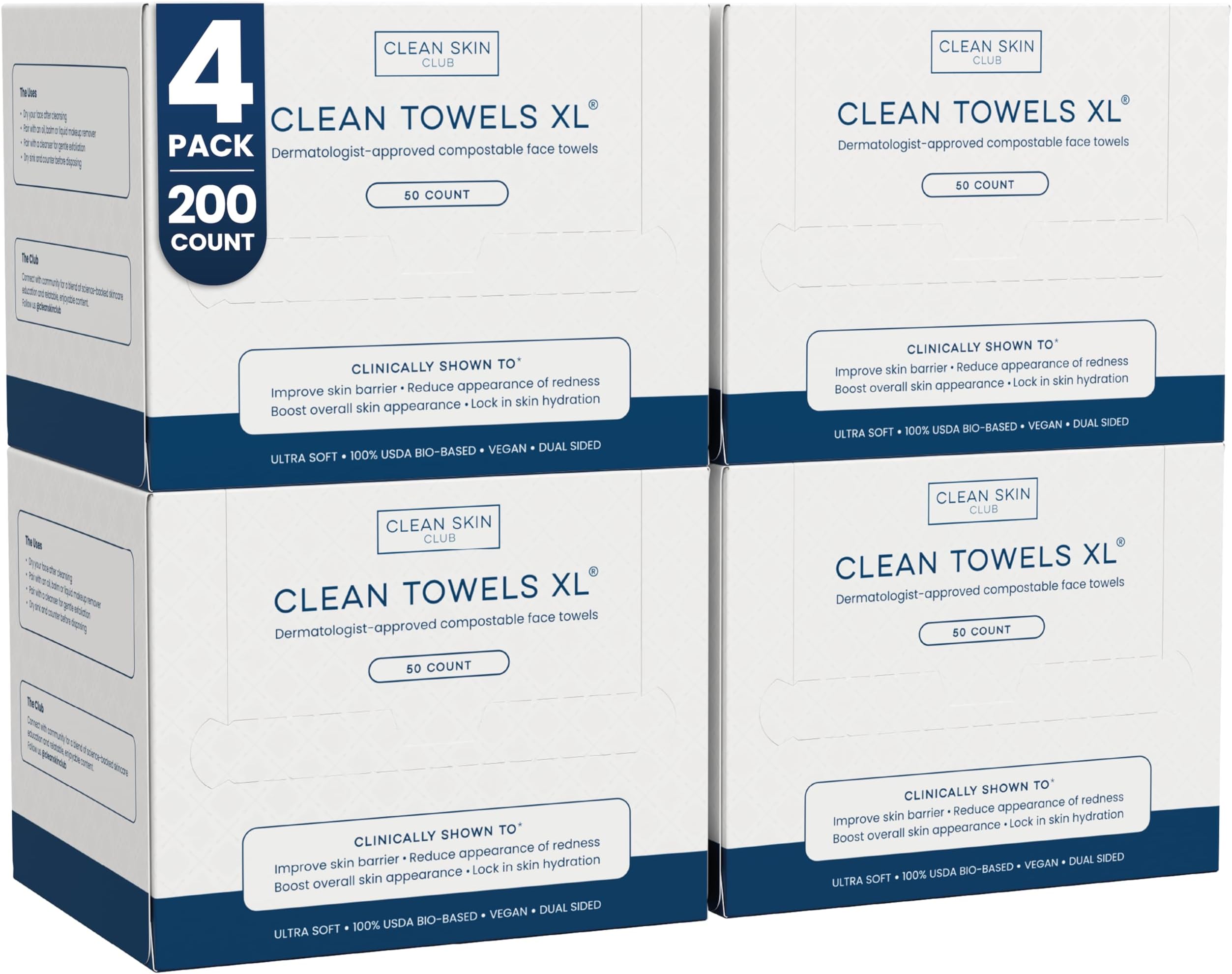 Clean Skin Club Clean Towels XL®, 100% USDA Biobased Face Towel, Disposable Face Towelette, Eczema Association Accepted, Makeup Remover Dry Wipes, Ultra Soft, 50 ct per pack, 4 Packs, 200 Ct Total