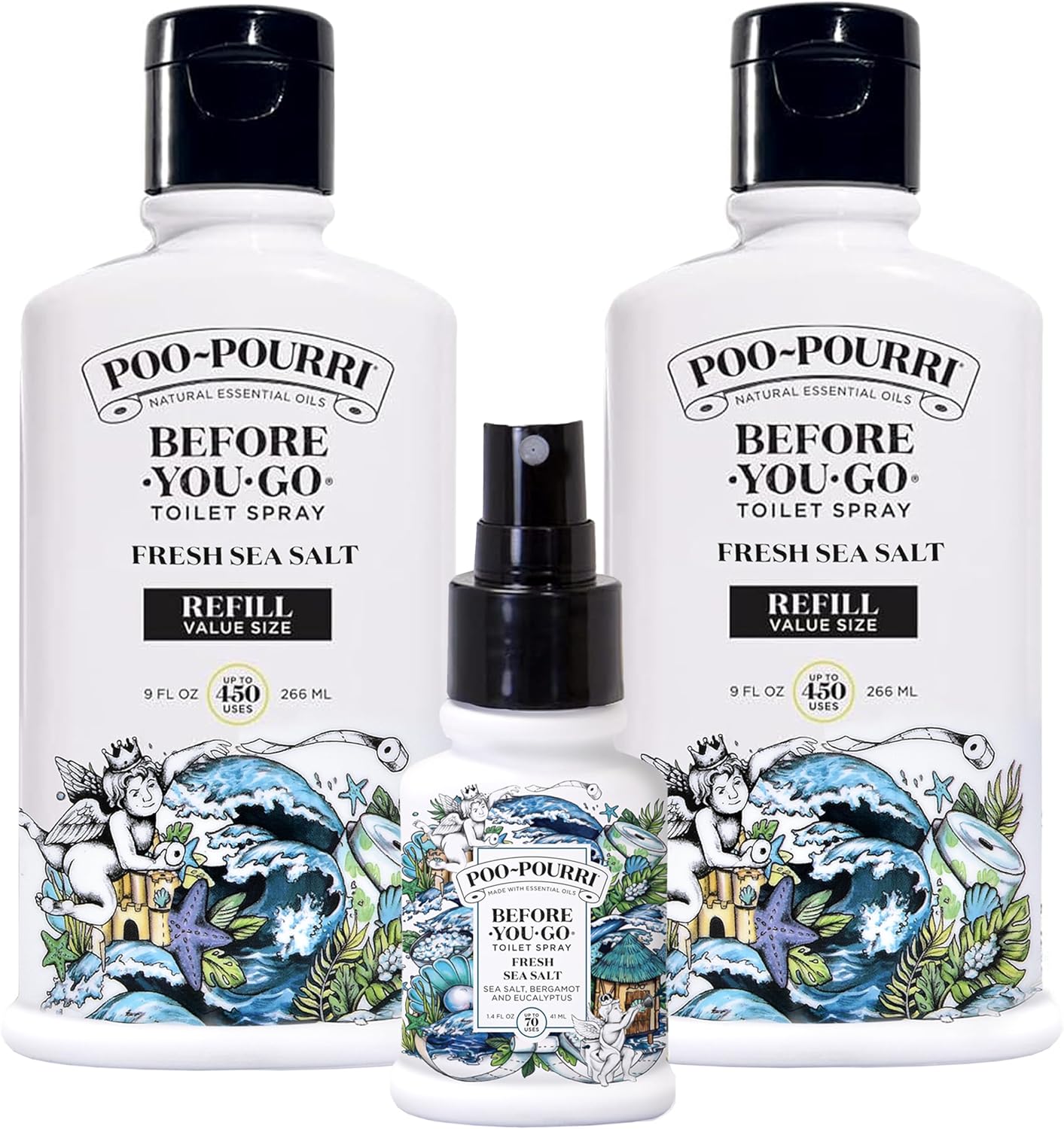 Poo-Pourri Before-You-Go Toilet Spray, Fresh Sea Salt, Refill Bottle 9 Fl Oz x2 and 1.4 Fl Oz Spray- Sea Salt Bergamot and Eucalyptus