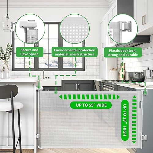 Miniatura 2 de Puerta retráctil mejorada para bebés para escaleras, 33 pulgadas de alto se expande 55 pulgadas de ancho, solución de seguridad ideal para perros,
