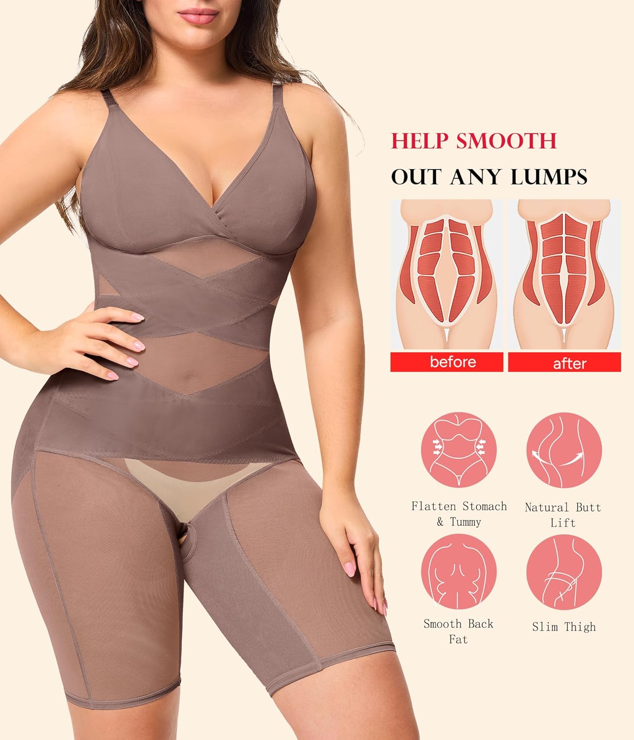 KUMAYES Shapewear Bodysuit for Women - Tummy Control Butt Lifter Fajas Body Shaper V-Neck Body Suits with Built in Bra - Image 2