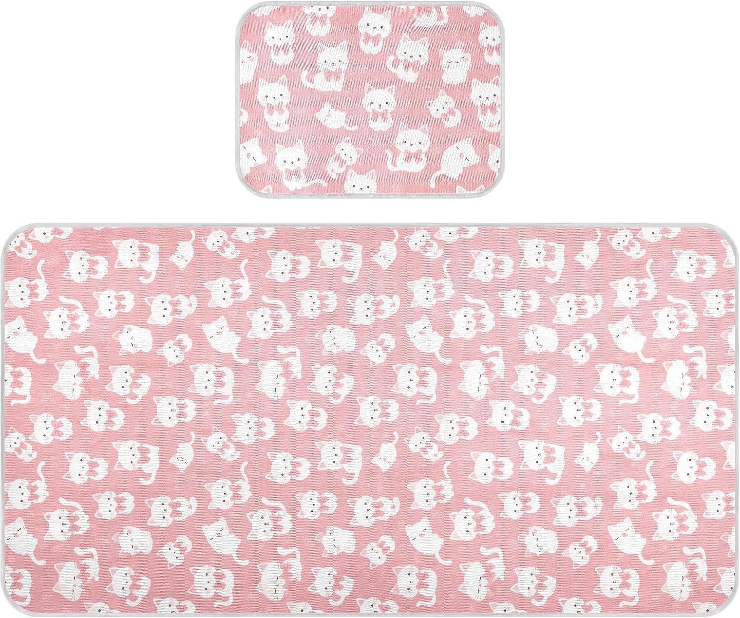 Cooling Baby Crib Mattress Topper 28" x 52" Absorbent Mattress Protector pad for Baby&Toddler White Cats Cartoon Cute Pink