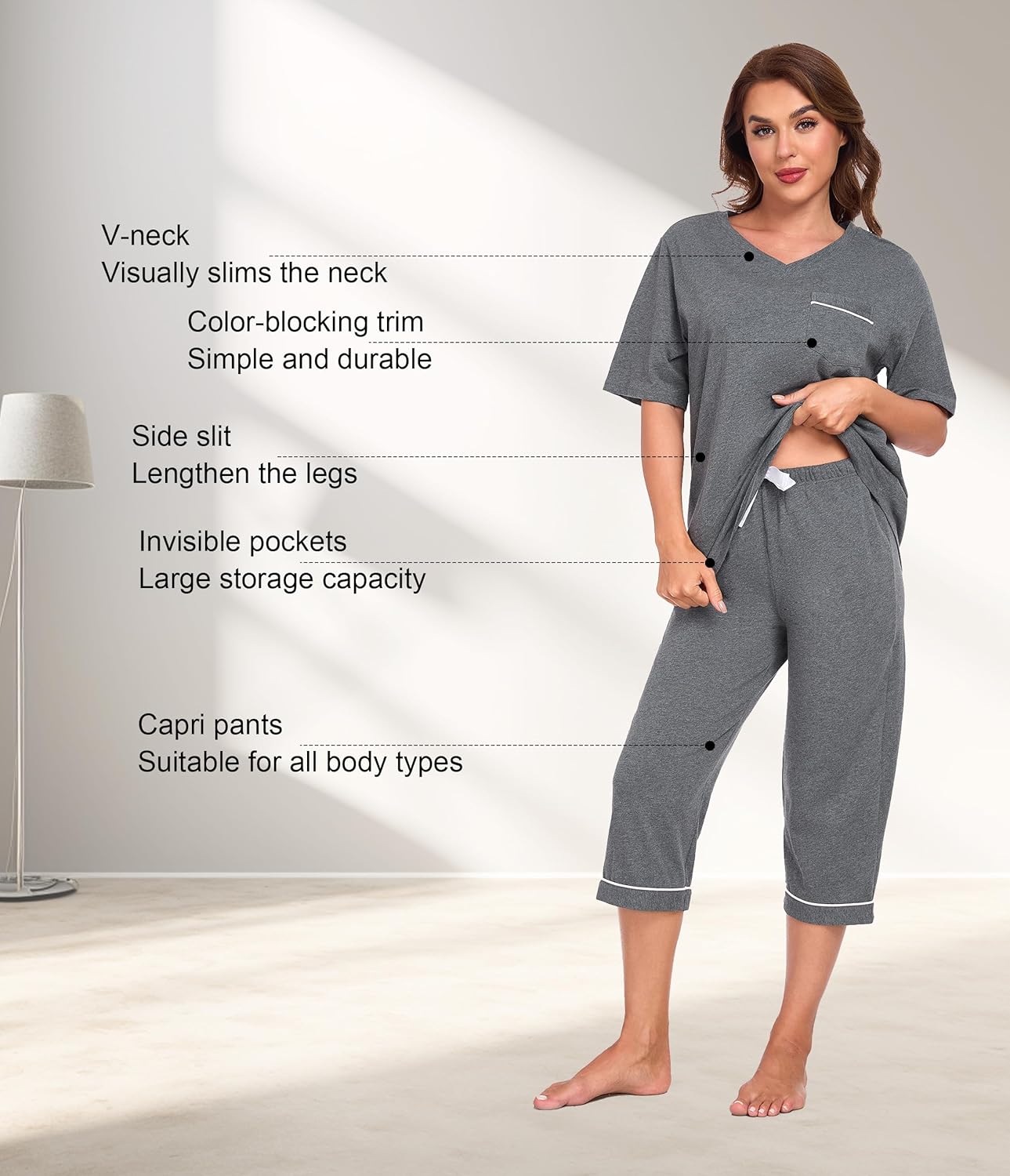 CF Women Pajama Sets 100% Cotton 2 Piece Lounge Sets Short Sleeve Shirt and Capri Pants with Pockets Ladies Pjs Sets - Image 3