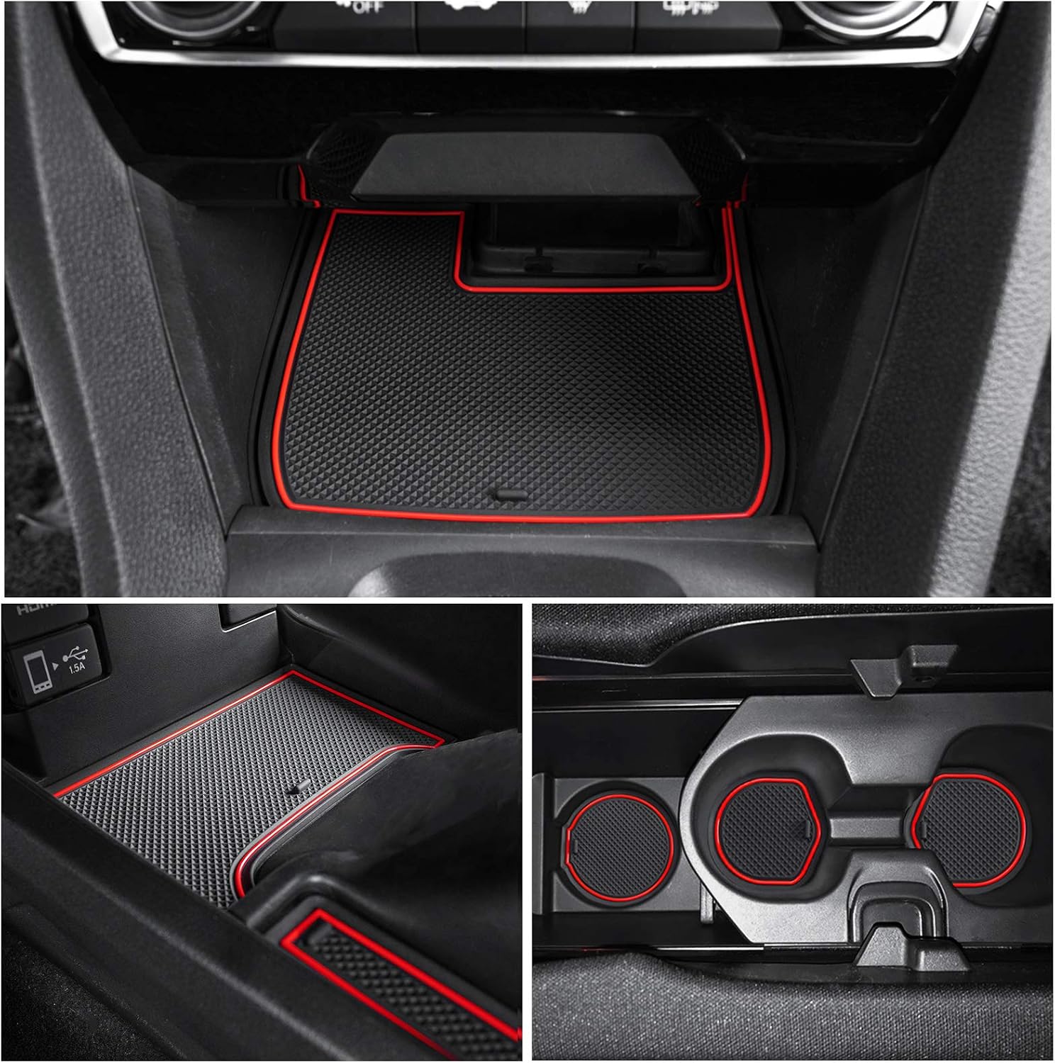 JKCOVER Cup, Door and Center Console Liner Mat Compatible with 10th Gen Honda Civic 2016 2017 2018 2019 2020 Insert Accessories 21-pc Set(Hatchback, Red Trim)