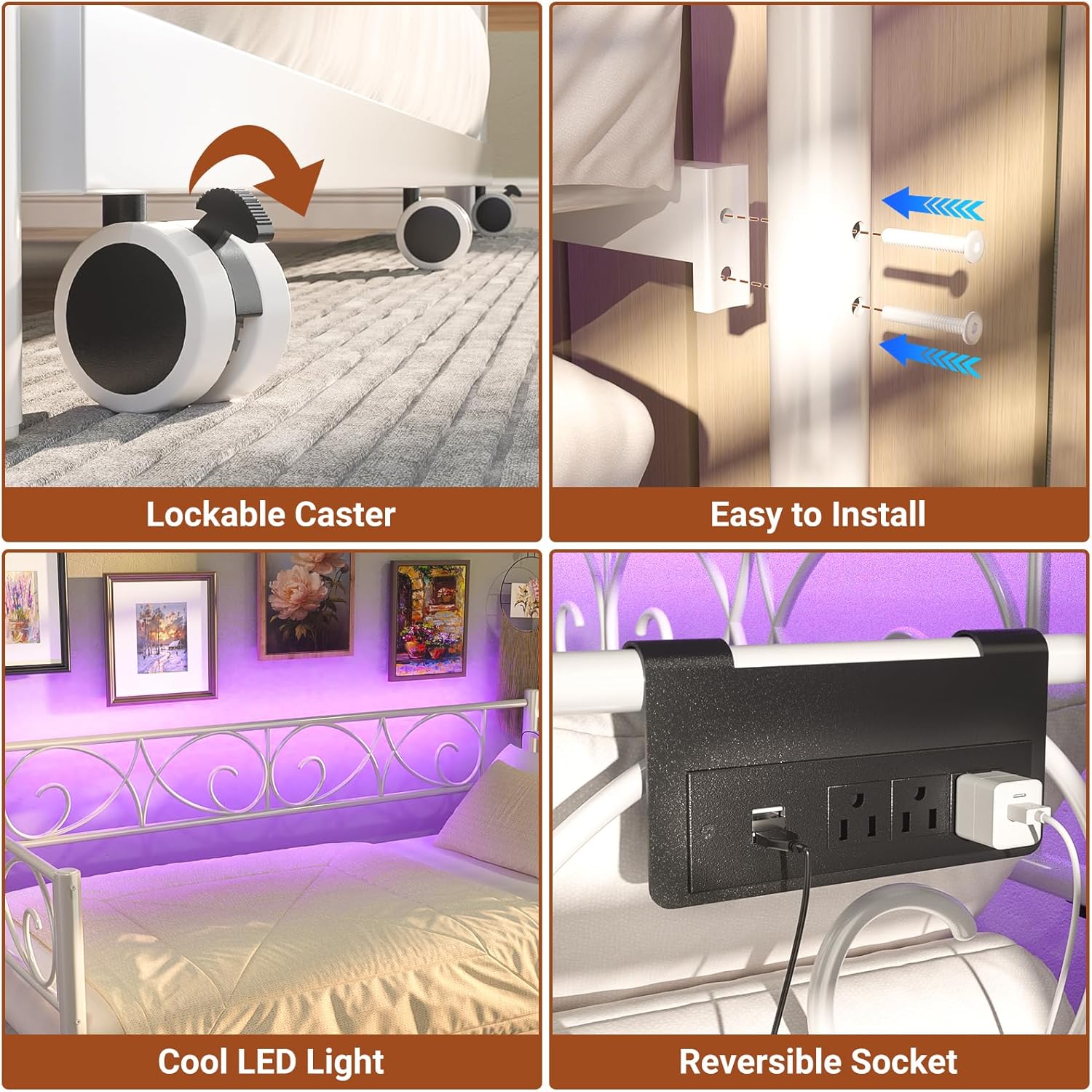 Unikito Daybed with Trundle Bed, Twin Bed Frame with Charging Station and LED Lights, Metal Sofa Day Bed with Pop Up Trundle and Steel Slat Support for Living Room, Bedroom and Guest Room, White