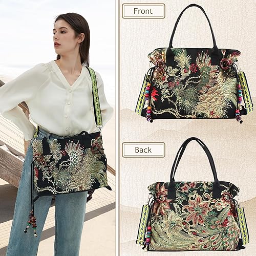 Miniatura 3 de Jursccu Bolsos de lona para mujer, bolsos bordados, bolsos de hombro casuales elegantes