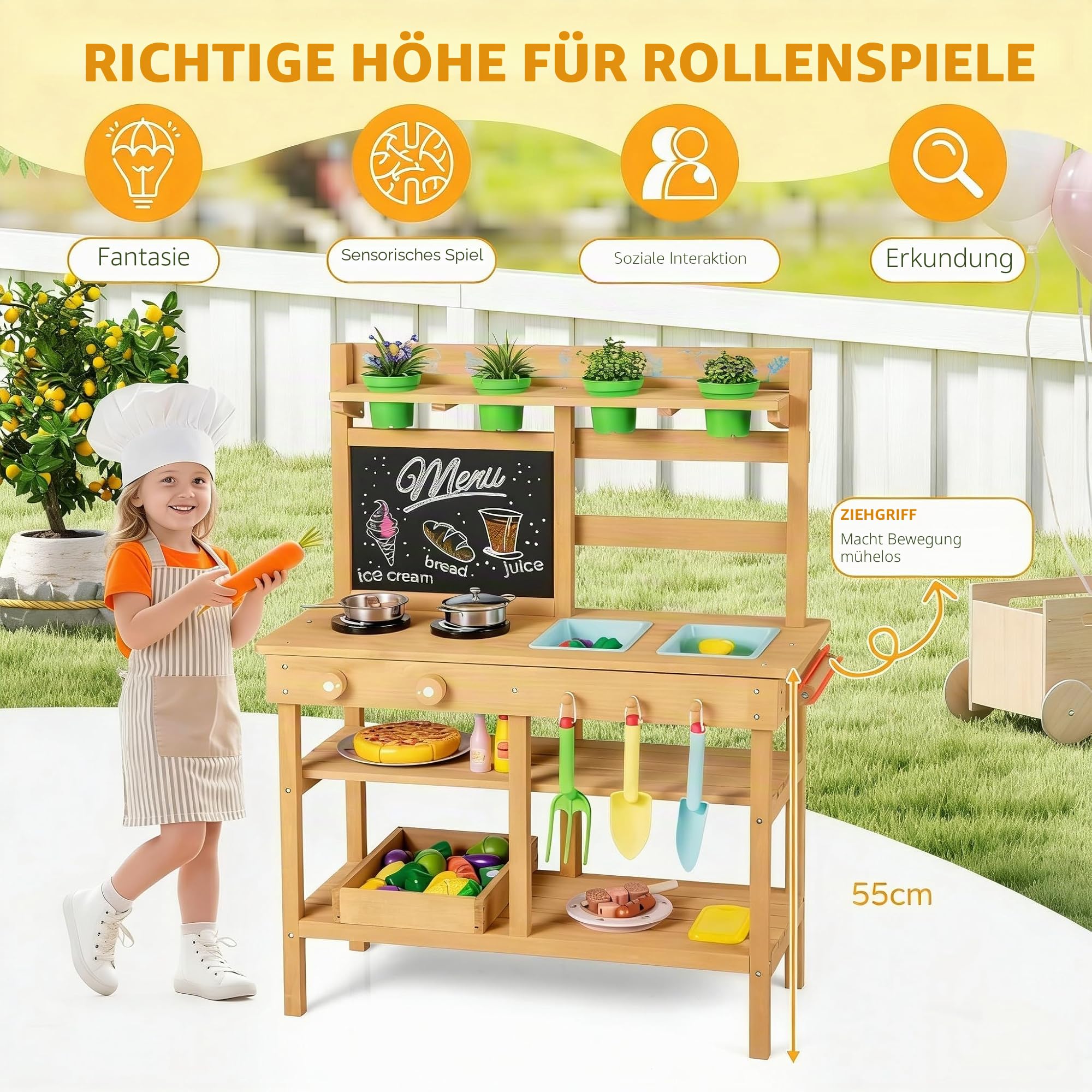 DREAMADE Matschküche Kinder Outdoor, Kinderküche mit abnehmbaren Spülen, Tafel, Herd, Blumentöpfen & Gartenwerkzeugen, Spielküche Holz, Outdoor Küche für Jungen & Mädchen ab 3 Jahren