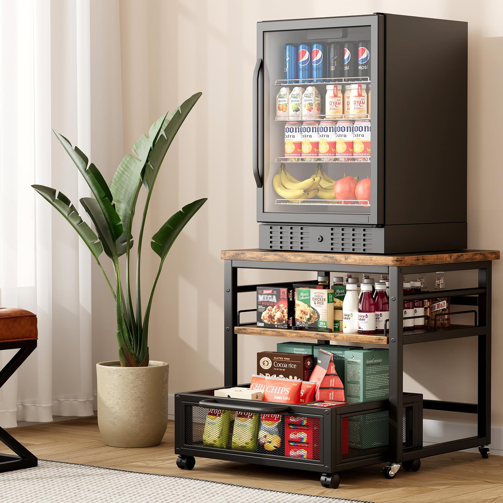 DDJ Mini soporte para refrigerador con almacenamiento, mesa de refrigerador resistente de 20.8 x 20.8 pulgadas con estante extraíble y ruedas bloqueables, soporte compacto para refrigerador con cesta