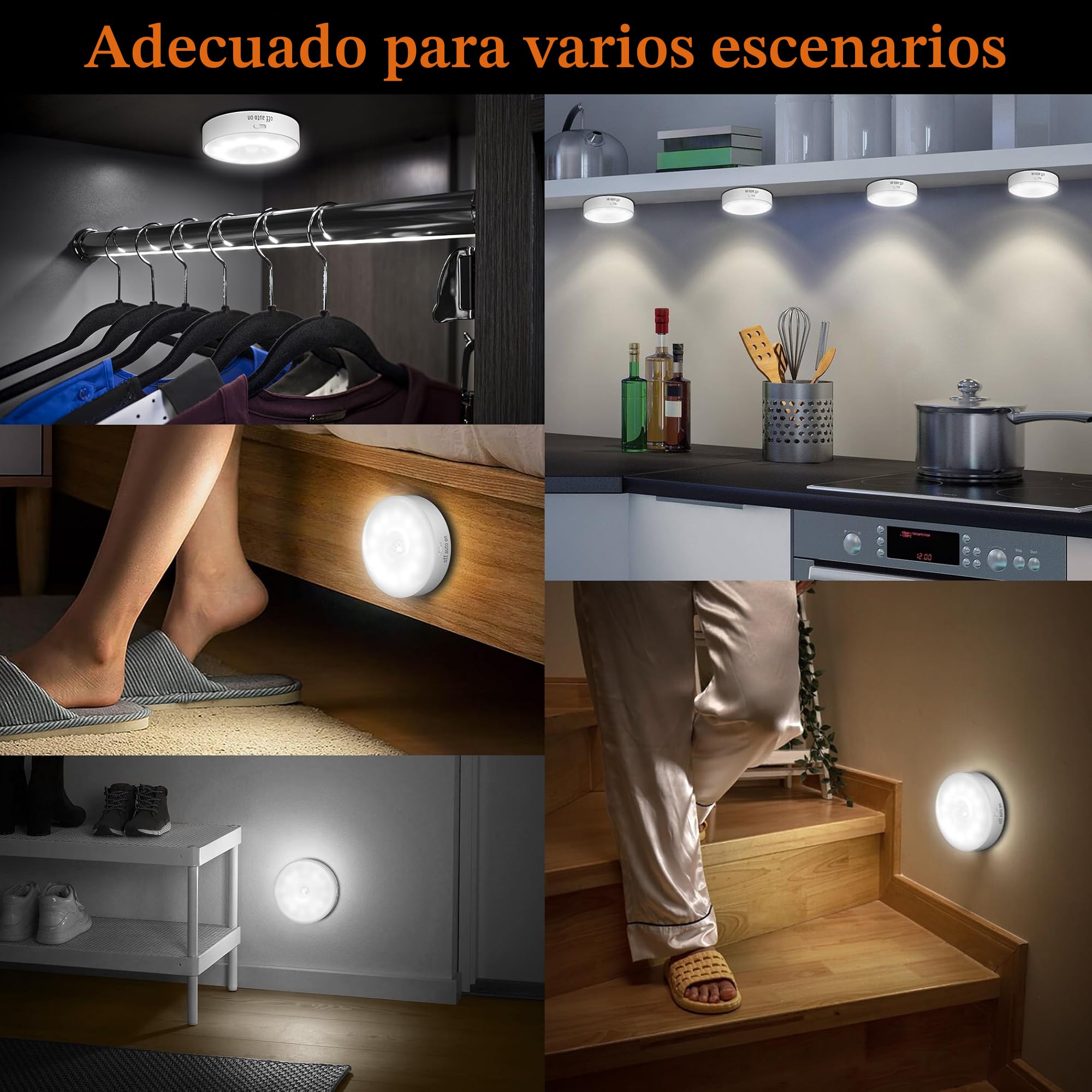 6 Pack Luz Led Nocturna con Sensor de Movimiento,12 LED, Lámpara LED Recargable USB, Luz Nocturna para pared, iluminación de armario, sensor de movimiento interior para escaleras, dormitorio, cocina.