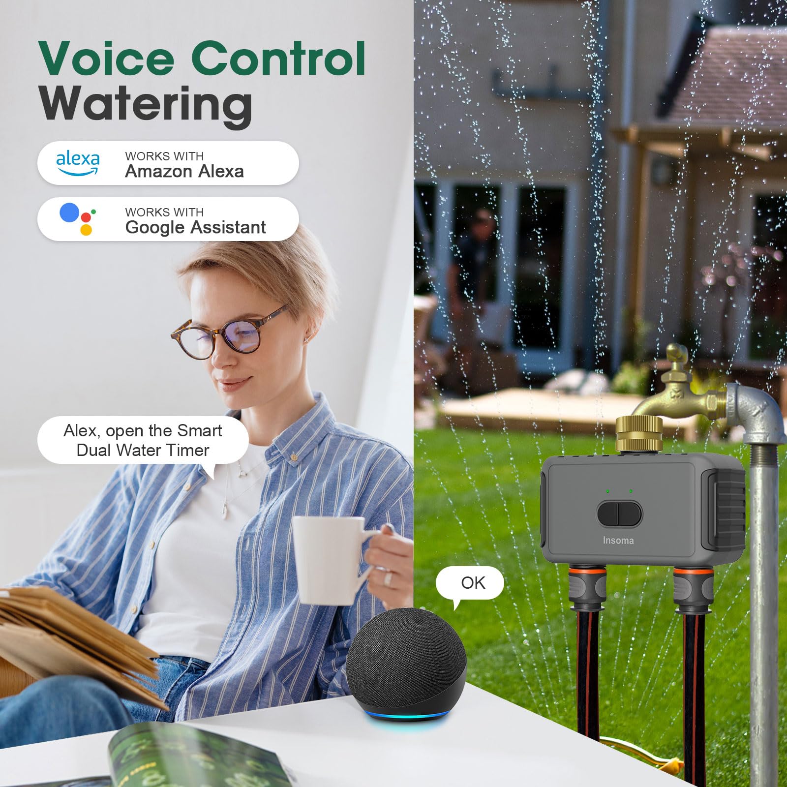 Timer intelligente per tubo flessibile con 2 uscite, controller automatico del sistema di irrigazione per prati, compatibile con ingresso Alexa grigio scuro in ottone e uscita in plastica (2 uscite)
