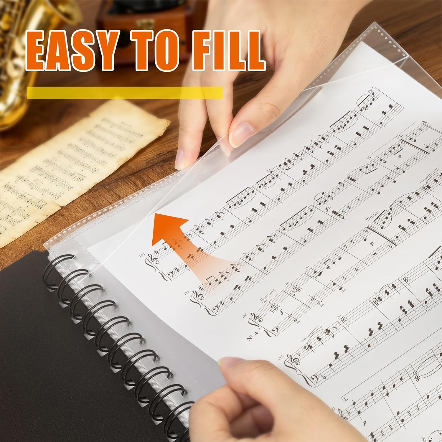 tutata Sheet Music Folder, Spiral Binder Organizer for Sheet Music, Double-Sided Writable 40 Sleeves Display 80 Pages, Lay Flat, Fits 8.5 x 11 inch Letter Size Paper, Black