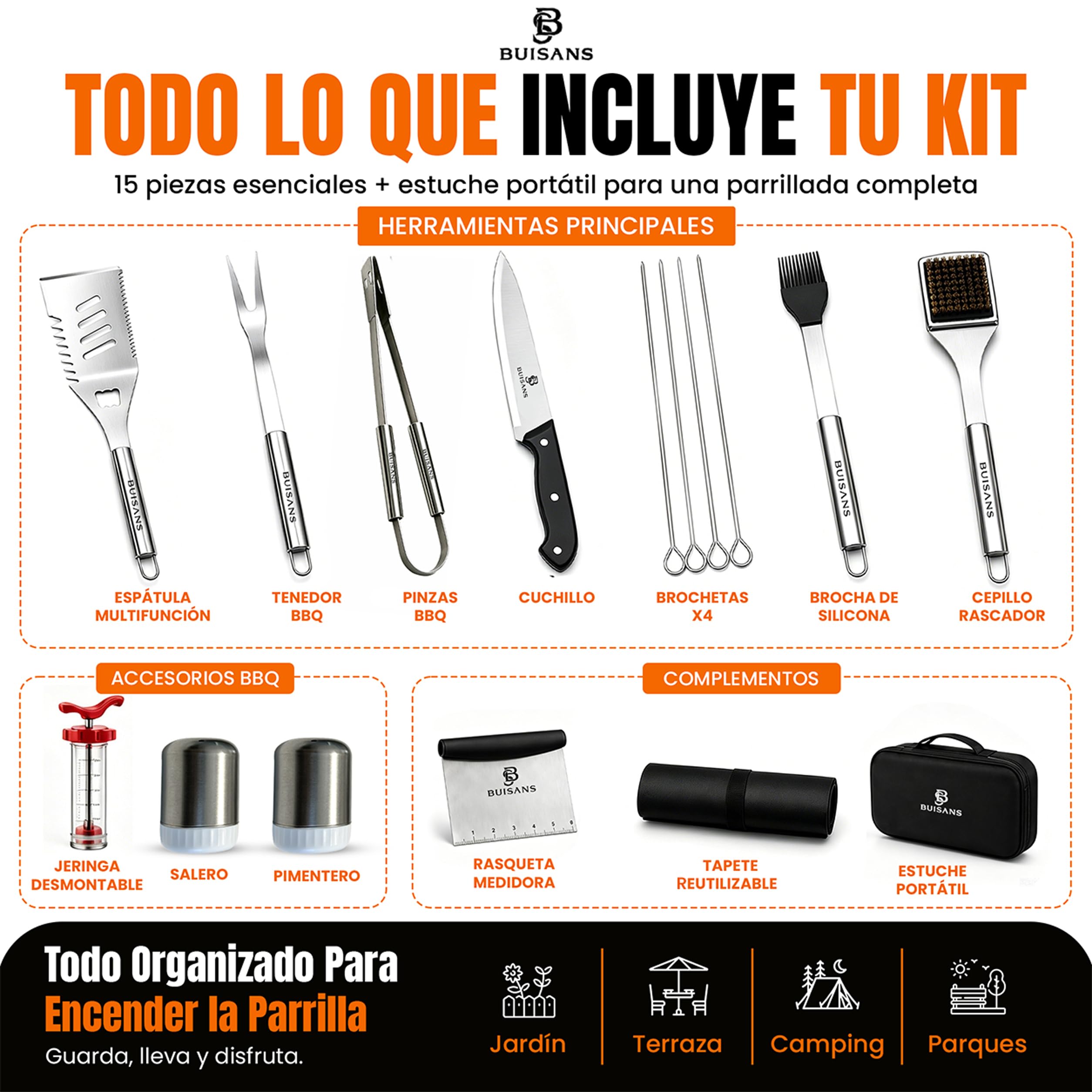 Buisans - Kit da barbecue, 15 pezzi, con custodia, utensili da barbecue in