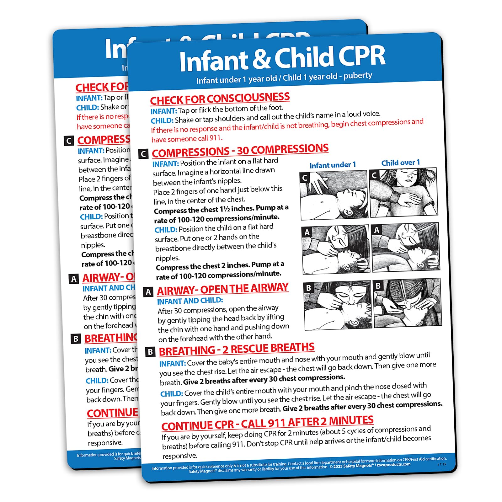 Safety Magnets by ZOCO – Infant and Child CPR Magnet (2-Pack) – 5"x7" Emergency First Aid Guide with Step-by-Step Instructions – CPR Reference for Homes, Daycares, Schools, and Parents