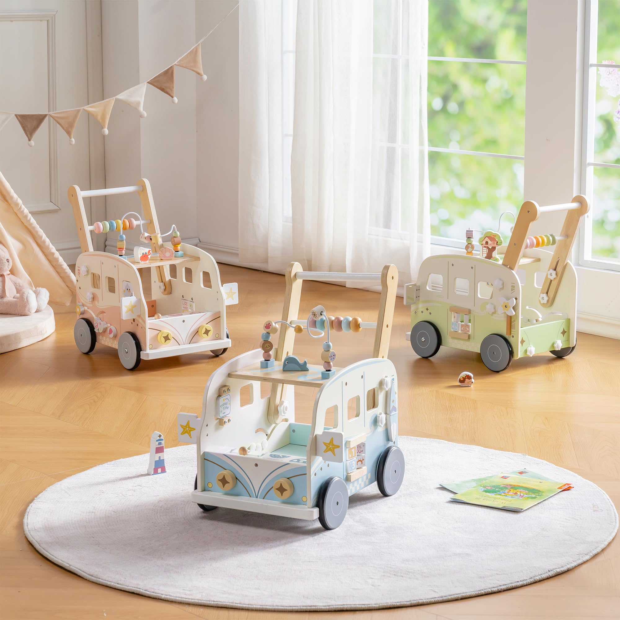 ROBOTIME Passeggino in legno, multifunzione, con regolazione dell'altezza e controllo della velocità, regalo per bambini da 10 a 36 mesi, sirena rosa