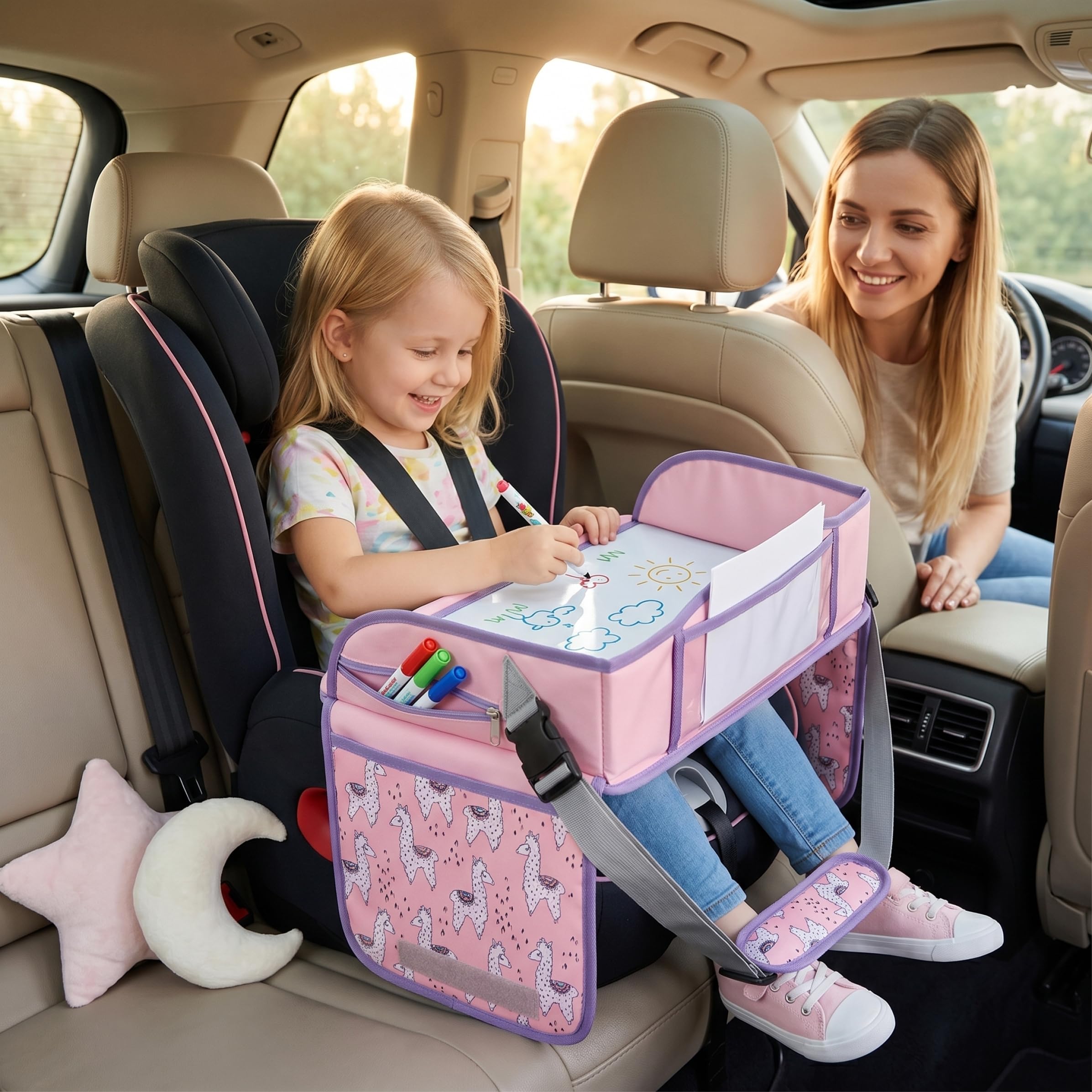 Vassoio da viaggio per seggiolino auto per bambini vassoio da viaggio per bambini con cinghie di sicurezza e tasche portaoggetti seggiolino auto per scrivania da tavolo per disegno e intratteniment