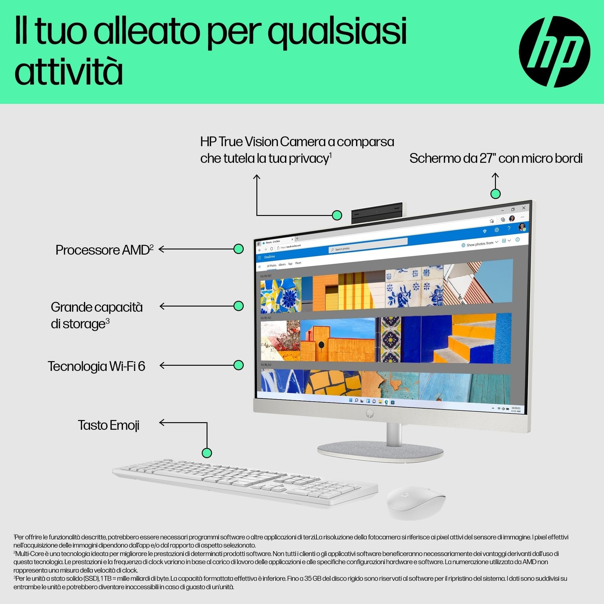 HP 27-cr0007sl All-in-One, Desktop, AMD RYZEN 7 7730U, 16GB RAM DDR4, 512GB SSD NVMe, AMD Radeon Integrata, Display da 27" FHD IPS, Audio Integrato da 2W, Webcam, Windows 11, Non è Touch, Bianco